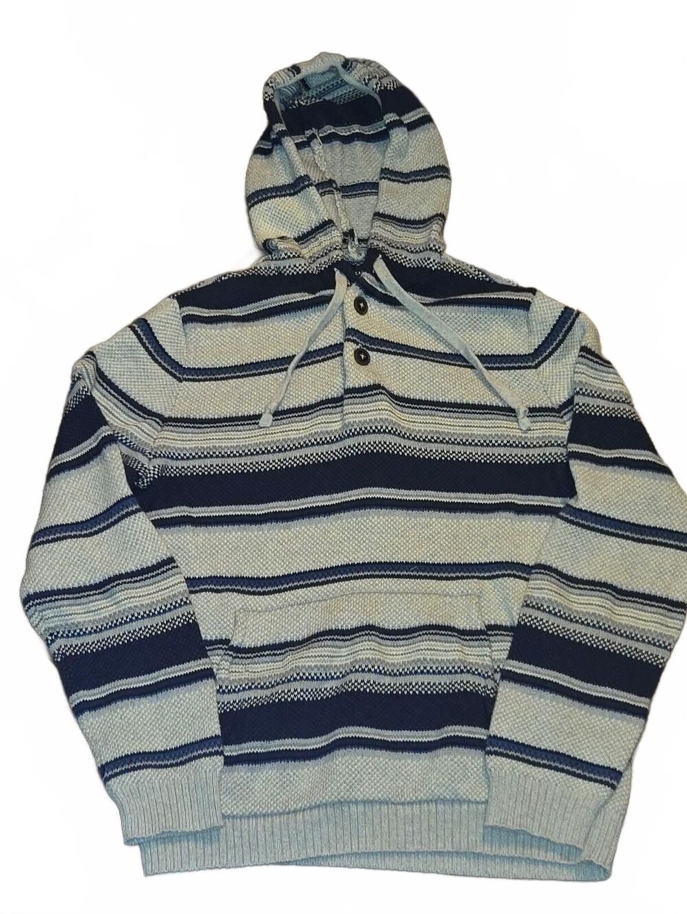 Y2K American Eagle Baja Hoodie Henley Men's Medium Gray Blue Striped Cotton